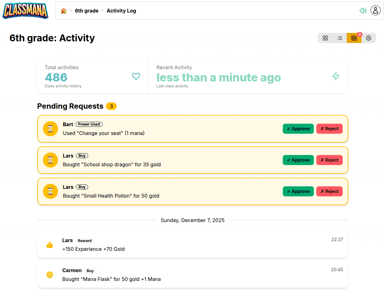 Activiteitenpagina met openstaande aanvragen